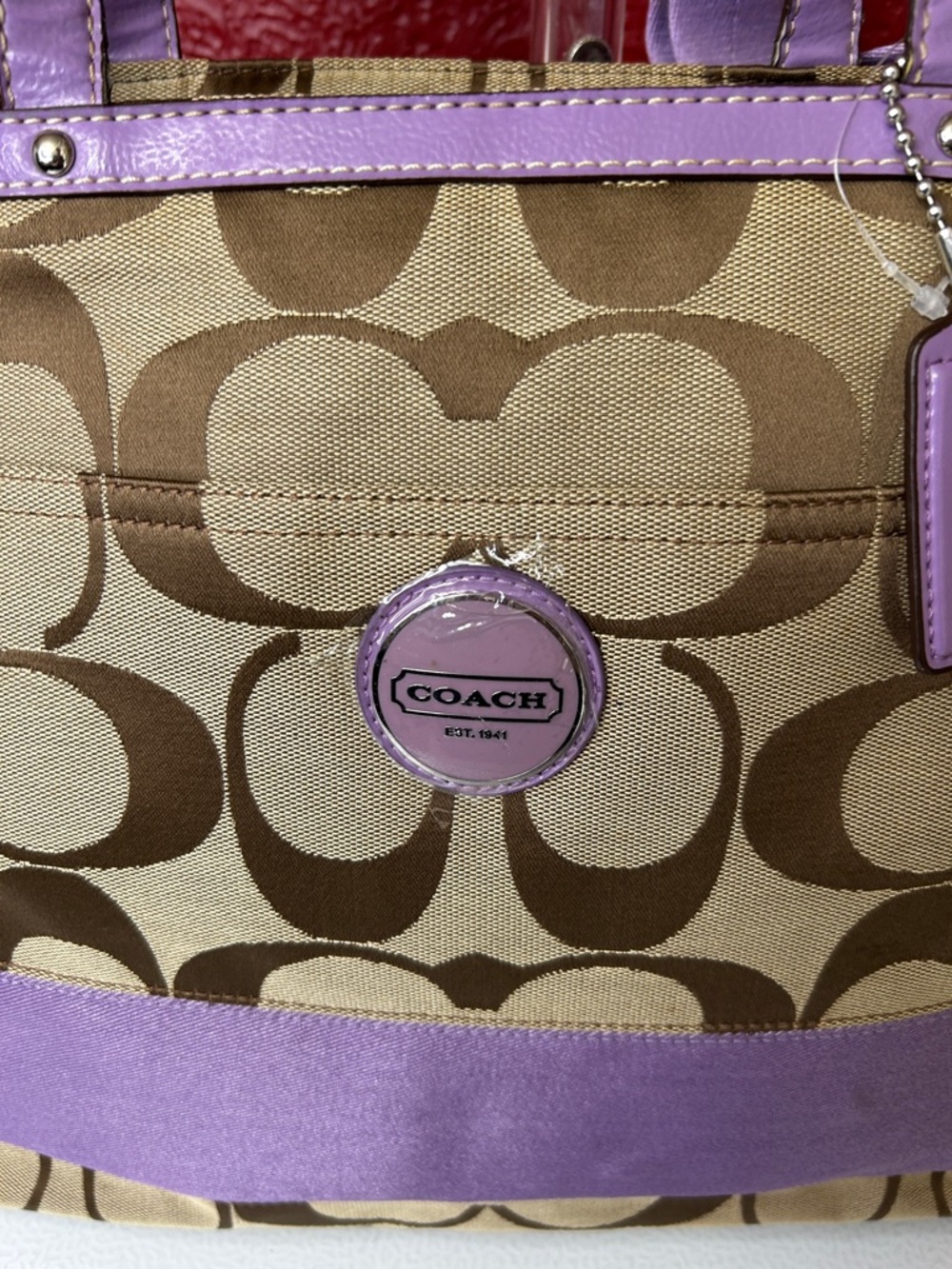 Coach Khaki Signature Tote diaper bag  with Lavender Trim - Picture 3 of 16